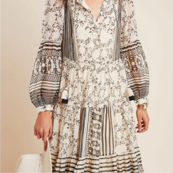 Anthropologie Cream & Black Talulah Tiered MIDI Dress - Picture 3 of 13